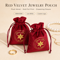 Pochette en velours rouge avec cordon en ruban, logo personnalisé en feuille d'or, sac cadeau de Noël de luxe pour bijoux