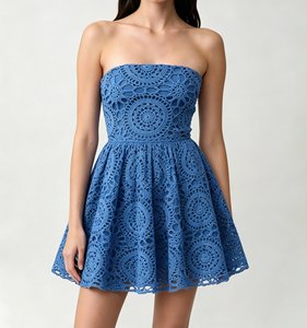 Mini Abito Tubino Blu all'Uncinetto con Motivo Circolare, Scollo a Cuore, Vestibilità Slim, Senza Colletto, Stile Vintage, per Uso Quotidiano da Donna - Vendita all'Ingrosso - Product Image 2