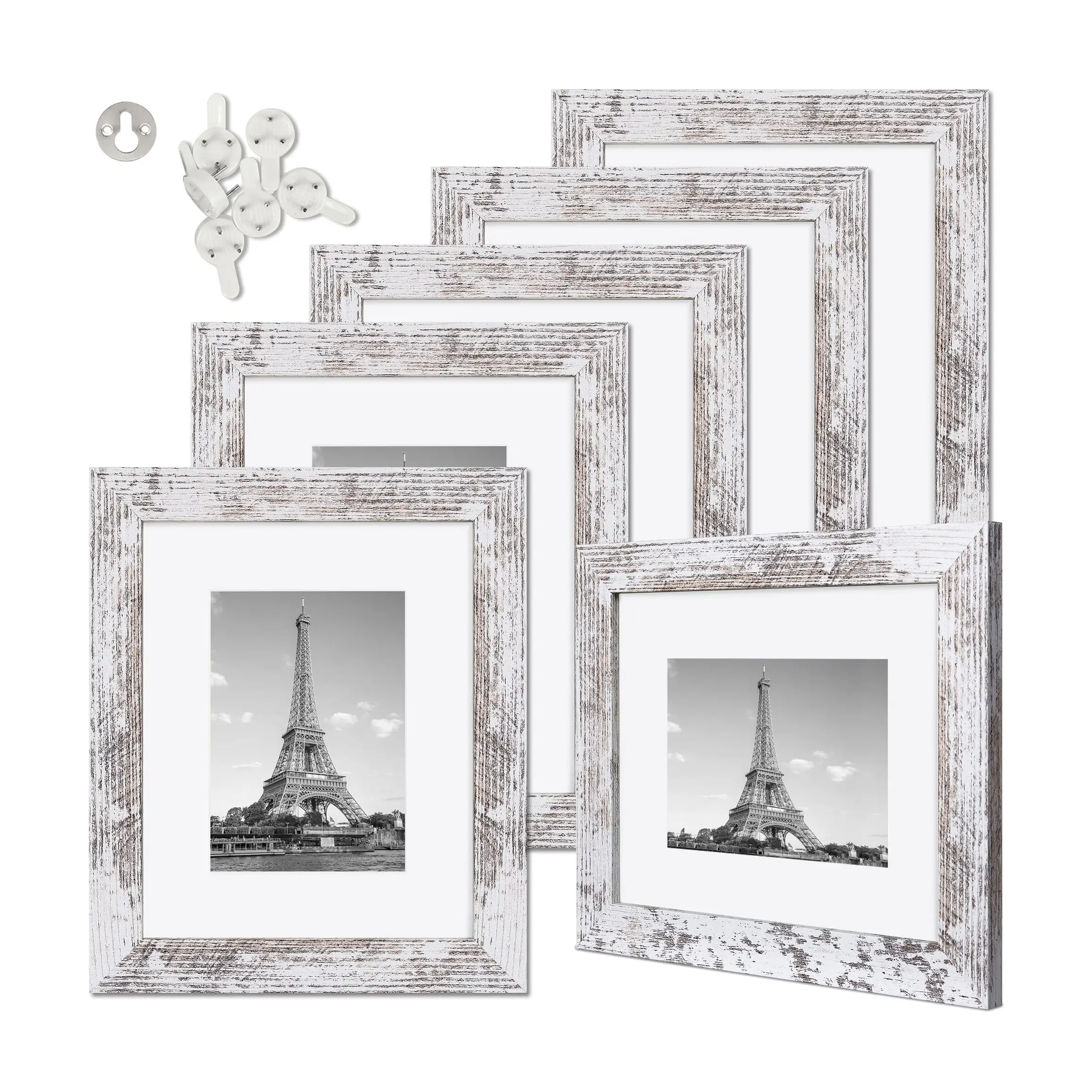 Wholesale Distressed White 8"x10" Wall Picture Frame with Real Glass with Mat Wood Frame Photo for Wall or Tabletop Display