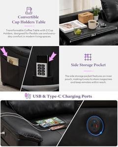 Sofá seccional reclinable eléctrico multifuncional con silla eléctrica, puertos USB para cargar, portavasos y tapicería de cuero PU para sala de estar o cine. - Product Image 5