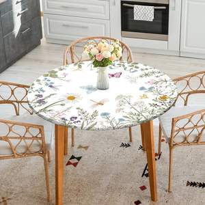 Custom <strong>Round</strong> Table Cloth Spring Summer Flower Elastic Edge Waterproof <strong>Wipeable</strong> Reusable <strong>Tablecloths</strong> for Picnic Kitchen - Product Image 2