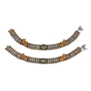 กำไลข้อเท้าพระพิฆเนศชุบทองและเงินทำด้วยมือพร้อมลวดลายชนเผ่าสีเขียวกุณ์นสำหรับผู้หญิง - Product Image 1