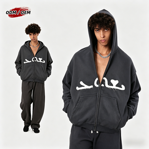 Custom OEM Heavyweight 100% Cotton Hoodie <b>Zip</b> up Oversized Raw Edge Patchwork Vintage Streetwear Unisex Full <b>Zip</b> <b>Hooded</b> Jacket - Product Image 1