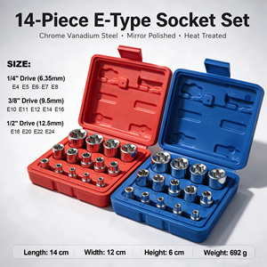 ชุดซ็อกเก็ต E-Torx 14 ชิ้น พร้อมกล่องเก็บ ขนาด 1/4" 3/8" 1/2" หัวต่อแบบตัวเมีย E4-E24 ชุดซ็อกเก็ตแรงบิด วัสดุ cr-v สำหรับยานยนต์ - Product Image 6