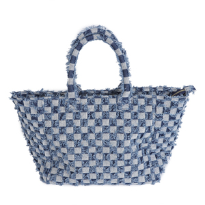 Fabricante al por mayor de gran capacidad Linda borla a cuadros Denim mujeres hombres trabajo playa Crochet Tote bolsos Denim Tote Bag - Product Image 1