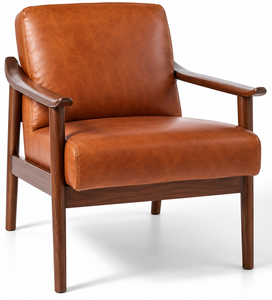 Fauteuil en cuir Cognac de style Mid-Century avec structure en bois massif, accoudoirs courbes et assise rembourrée de qualité supérieure, fauteuil en cuir - Product Image 5
