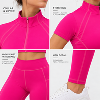 Ensemble de sport deux pièces pour femme : Crop top court à manches courtes entièrement zippé et legging de yoga taille haute avec détails de coutures