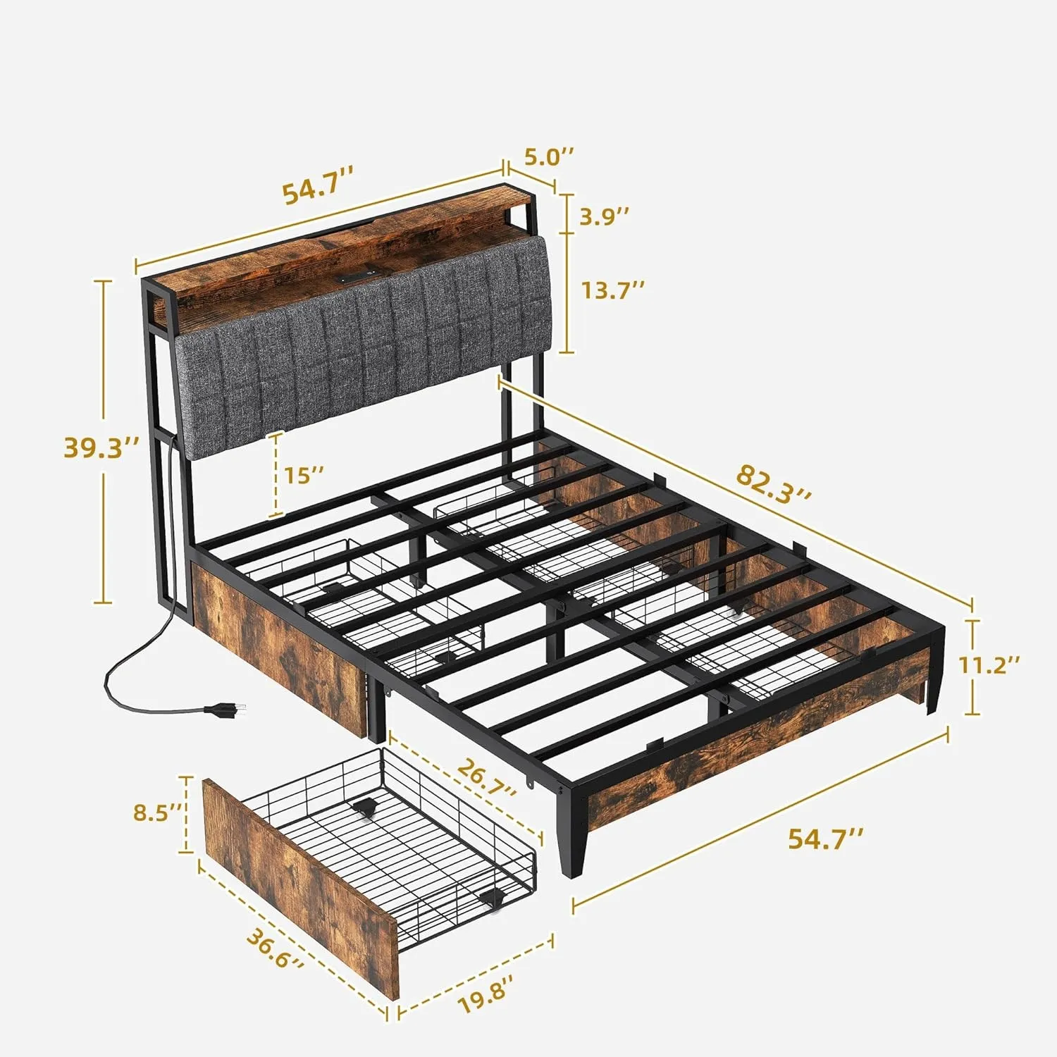 Ahşap başlık ile yatak odası Metal yatak özelleştirilmiş Platform yatağı rustik Metal karyola iskeleti