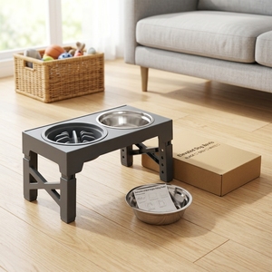 Stainless Steel Neck-Supporting Tip-Resistant Foldable Adjustable Height Pet <strong>Raised</strong> Feeder <strong>Dog</strong> Cat <strong>Bowls</strong> - Product Image 1