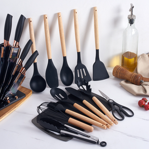 Juego de utensilios de cocina de 19 piezas, juego de cuchillos de cocina de acero inoxidable, utensilios de cocina de silicona con mango de madera para cocinar - Product Image 5