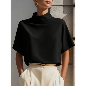 Blus Wanita Elegan Satin Kerah Mock Neck Lengan Pendek Model Batwing Longgar Kemeja Kantor Warna Solid Mewah Atasan Kasual Bisnis - Product Image 5