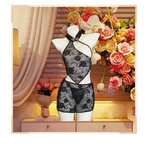 Golden Shuttle Lingerie Cheongsam Style Halter Neck Lace <b>Bra</b> <b>Brief</b> <b>Set</b> Black 8107 Women Sexy Hipster Mid-Rise - Product Image 5
