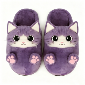 Custom Purple <b>cat</b> <b>plush</b> slippers, Cute <b>cat</b> face house slippers, <b>Cat</b> fuzzy indoor slippers, Animal <b>cat</b> slip-on home slippers - Product Image 1