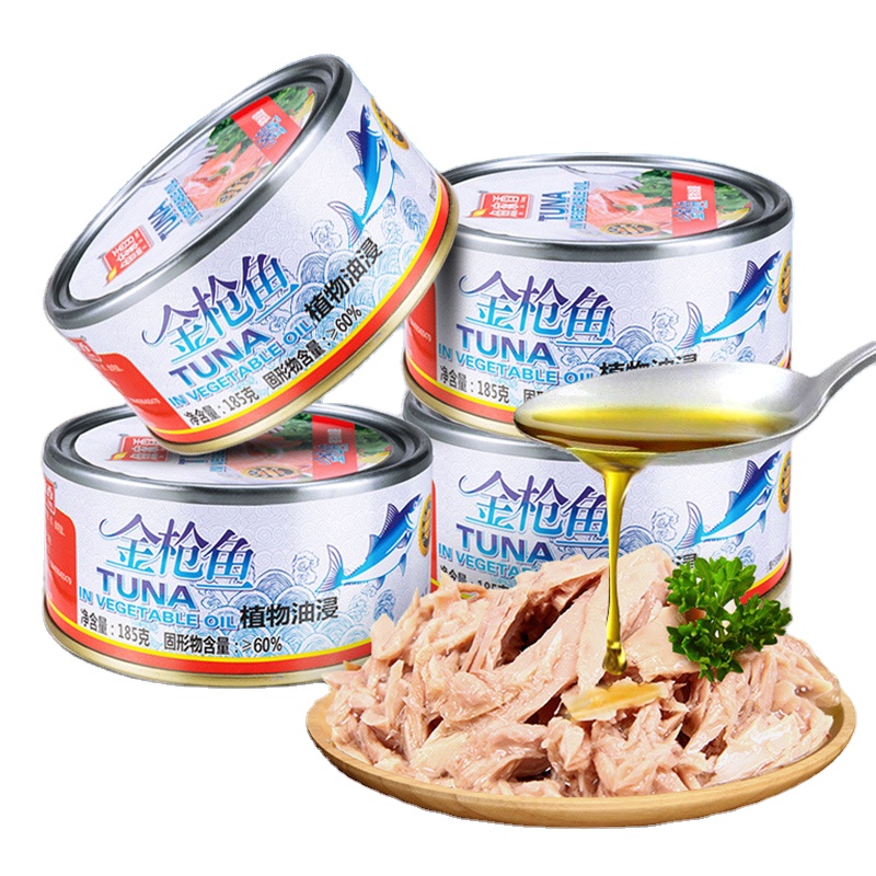 Vente en gros de fruits de mer en conserve, thon dans de l'huile végétale saine, aliments instantanés en conserve, aliments gourmets chinois, 185g de poisson en conserve