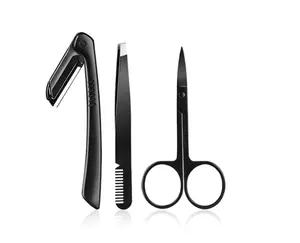 3pcs Black Eyebrow Tweezer Flat Tip Clip Curved Scissors Razor Trimmer Nose Eyelash Hair Removal Stainless Steel Makeup Set