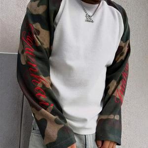 Nouveau T-shirt Américain 2026 en Maille Gaufrée à Manches <span class=keywords><strong>Raglan</strong></span>, Broderie Camouflage et Lettres, Coupe Oversize Ample, Style Streetwear, Haut à Manches Longues pour Homme - Product Image 1