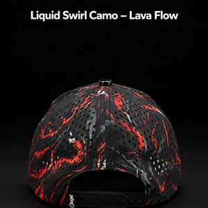 Gorra de Golf Personalizada con Camuflaje Rojo y Negro, Diseño de Remolino Líquido, Impresión Digital Impermeable, 5 Paneles, Perforaciones Láser, Visera Curva Transpirable para Hombre - Product Image 4