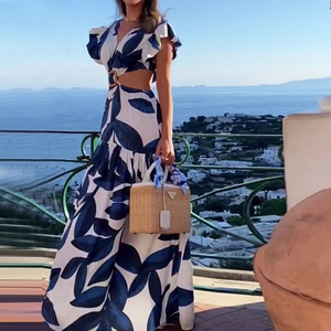 Vestido con Estampado de Hojas para Mujer - Escote en V Profundo, Mangas Cortas con Volantes, Cintura Recortada, Falda Maxi Escalonada, Elegante Atuendo para Vacaciones y Fiestas - Product Image 3