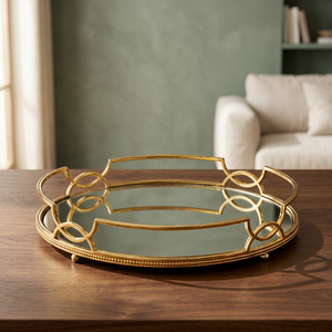Oval <b>Gold</b> Plated Mirror <b>Tray</b> with Geometric Design Hollywood Glam Decorative <b>Serving</b> <b>Tray</b> for Home Decor - Product Image 1