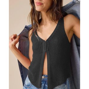 Gilet en crochet pour femme FOXA, col en V, sans manches, court, tricoté, couleur unie, style vintage, été 2025 - Product Image 3