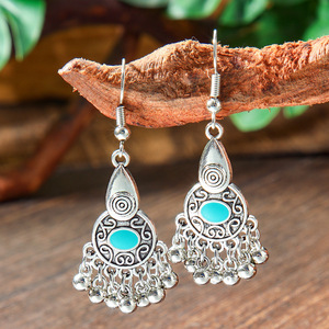 Bohemia Style Silver Plated Turquoise <b>Tassel</b> <b>Earrings</b> Women's Everyday Wear Cultural Jewelry Set - Product Image 4