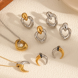 Geometric Moon Shape Stainless Steel Earrings And Necklace Set For Women Party Jewelry Fashionable <b>Titanium</b> Steel <b>Studs</b> - Product Image 1