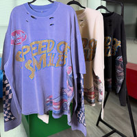 T-shirts personnalisés Huili OEM en coton épais imprimé graphique pour hommes, style vintage délavé avec strass, manches longues, fabrication en usine