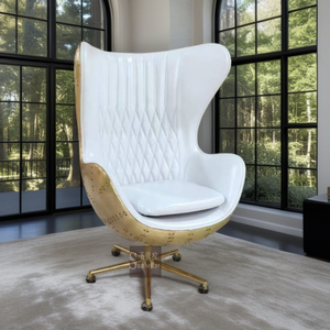 Chaise pivotante moderne en cuir véritable blanc avec dos en métal et laiton pour les loisirs, mobilier pour le salon, la salle à manger et l'hôtel - Product Image 4