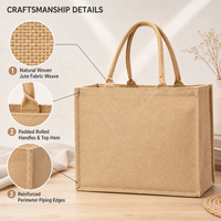 Sac fourre-tout en jute personnalisé à faible MOQ, idéal pour la plage, les vacances et les cadeaux de demoiselle d'honneur, avec bordure renforcée et base plate