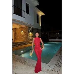 Red Crocheted Long Evening <b>Dress</b> with Scoop Collar and Sequined Back Detail XS Size Party Gown for Homecoming or <b>Quinceanera</b> - Product Image 3