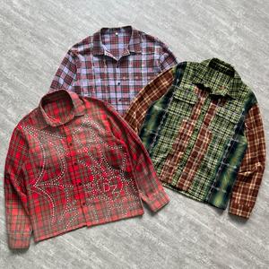 Camisa YITE con Diseño a Cuadros y Pedrería, Lavado Ácido, Camisa de Algodón Personalizada, Camisa Extra Grande Vintage para Hombre, Camisa de Manga Larga con Cuello y Botones - Product Image 1