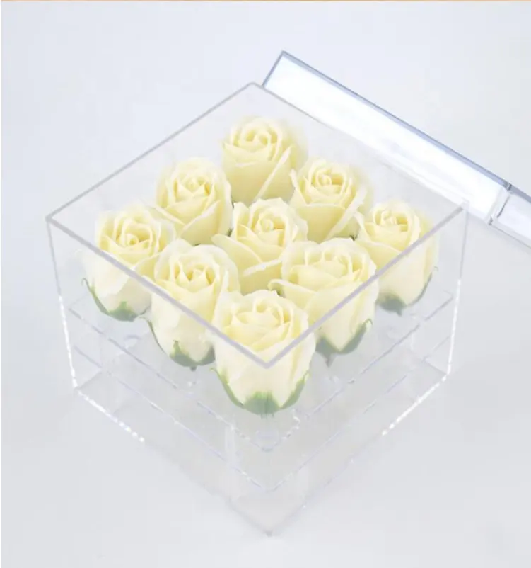 9 Löcher klare Acryl-Blumen box mit einer Schublade Lange letzte Rose 5-6cm Eine Klasse konservierte Rosen in Acryl box