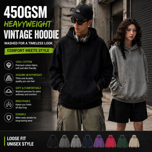450GSM Heavyweight Vintage Washed Hoodie <b>Men</b> Oversized Streetwear Cotton Hoodie Unisex Loose Fit <b>Pullover</b> Custom Logo OEM ODM Ho - Product Image 2