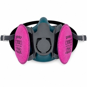 Respirador de media cara color verde azulado oscuro con filtro doble rosa tipo pancake 2097 NIOSH P100, válvula de exhalación descendente y soporte de cuatro puntos para trabajo. - Product Image 1