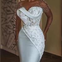 Robes de mariée sirène blanches africaines sexy 2024, illusion de perles, ornements en perles, satin, manches longues, grandes tailles, robes de mariée queue de poisson