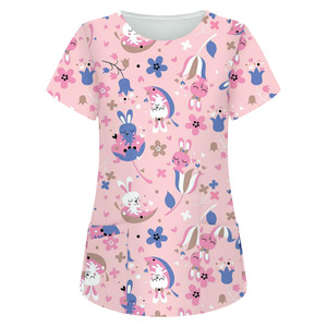 Nuova Camicia da Lavoro per Donne con Stampa Pasquale, Maniche Corte, Scollo a V, Tasca, Motivo Coniglietto e Uova, per Insegnanti di Scuola Materna e Infermiere - Product Image 4