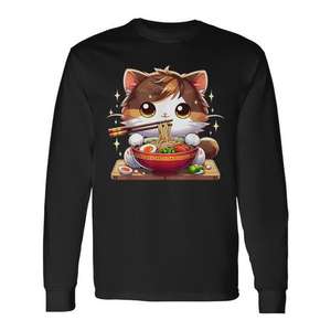 Camiseta de manga larga con diseño de gato kawaii comiendo ramen, estilo anime japonés, para amantes de los fideos - Product Image 1