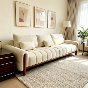 Modern Three Seat <b>Sofa</b> Upholstered Fabric Cushion Back Wooden <b>Legs</b> Rolled Arms Midcentury Living Room Couch - Product Image 1