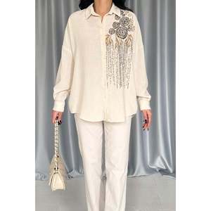 Blusa Asimétrica de Organza con Bordado Crema para Mujer, Talla Única, Top Ecológico de Moda para Fiesta - Product Image 3