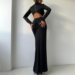 Vestido de suéter de manga larga con cuello alto, abertura y cintura plisada, ajustado, para mujer, color liso, elegante, para otoño e invierno - Product Image 3