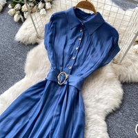 Robe longue décontractée pour femmes WIWT, élégante, bleue, col chemise, manches courtes, ceinture, pour tous les jours, vêtements pour femmes