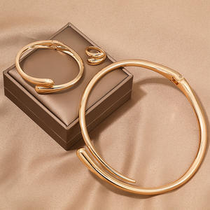 Vintage Punk Hip Hop Choker <strong>Torques</strong> Necklaces <strong>Bangles</strong> Rings Set for Women <strong>Men</strong> Geometric Smooth Metal TearDrop Jewelry Set - Product Image 3