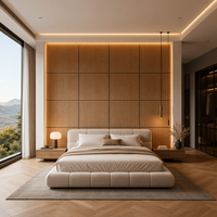 Panneau mural de tête de lit pour chambre d'hôtes, revêtement en lattes de bois de noyer chaud avec éclairage d'ambiance pour projets d'appartements et de villas