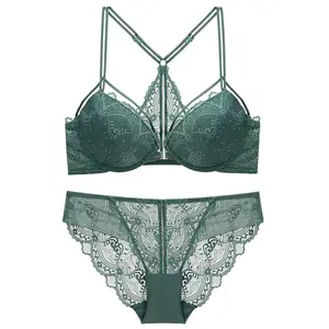 2021 New Thick Cotton Brassiere Embroidery Green Bra Set Push Up A B C D E Cup Underwear Set Sexy Bras Women Lace Lingerie Sets