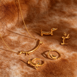 Al por mayor, Juego de Collar, Pendientes y Anillo Abierto de <span class=keywords><strong>Perro</strong></span> Salchicha 3D de Acero Inoxidable 316L Chapado en Oro de 18K para Mujer, Inoxidable - Product Image 1