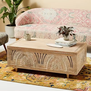 <span class=keywords><strong>Table</strong></span> <span class=keywords><strong>basse</strong></span> en bois sculpté à la main de style campagnard français, pétales sculptés à la main, <span class=keywords><strong>table</strong></span> centrale vintage, bois vieilli blanc - Product Image 1