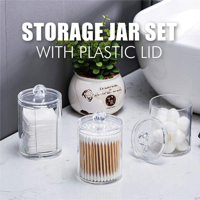 Set Wadah Penyimpanan Kapas Plastik dengan Tutup Anti Debu, Dapat Ditumpuk, Organizer Kosmetik untuk Meja Rias Kamar Mandi