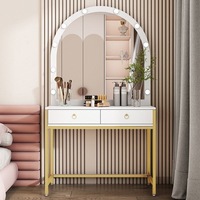 Coiffeuse moderne en bois avec cadre doré, miroir LED arqué, 2 tiroirs, écologique, pour chambre à coucher