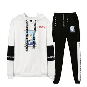 Ensemble de survêtement unisexe blanc avec sweat à capuche et pantalon noir, imprimé motif, manches longues, décontracté, pour l'automne, en polyester respirant - Product Image 1
