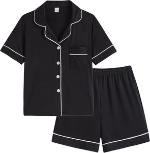Kids Pyjama <span class=keywords><strong>Sets</strong></span> Button Down Kurzarm mit Shorts Einfarbiges Teens Outfit mit Taschen Pyjama Anzug - Product Image 1